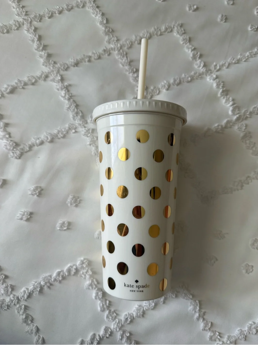 kate spade White and Gold Polka Dot Tumbler with Straw
